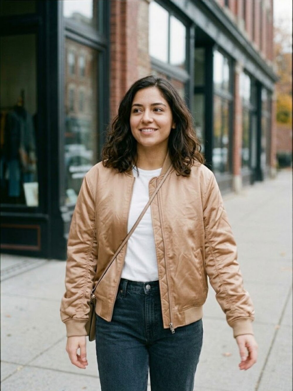 NWT Levi's Women’s Tan Satin-Look Relaxed Bomber Jacket Ruched Sleeves Sz Medium
